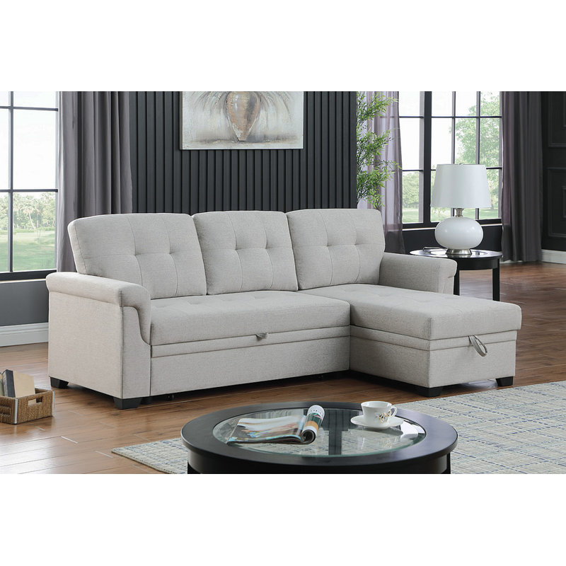 Jardin 84"W Light Gray Linen Reversible Sleeper Sectional Sofa With Storage Chaise, Light Gray Linen
