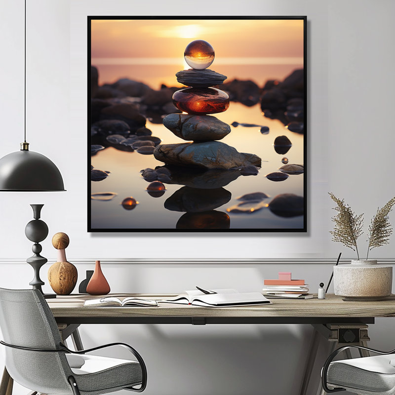 Cairn River Rock Zenscape - Spiritual Stone Wall Art Print, 16" H x 16" W x 1" D, Black Floater Framed