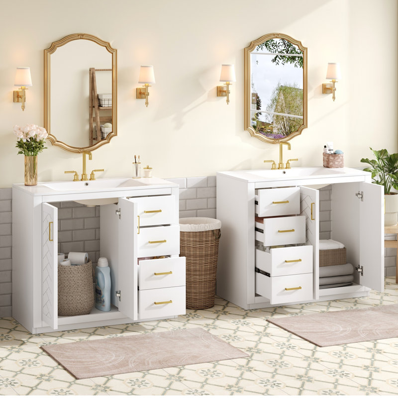 Élégant meuble-lavabo moderne en bois massif avec lavabo en céramique, parfait pour un rangement élégant dans la salle de bain