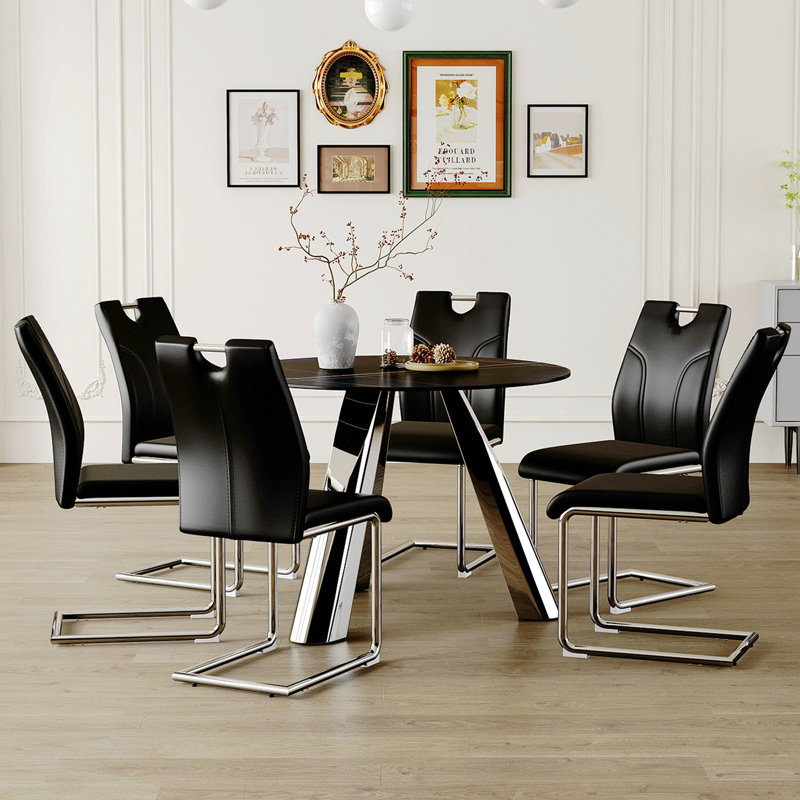 Ensemble de salle à manger luxueux en pierre frittée avec chaises élégantes pour maisons modernes, 7, Noir, noir, noir, noir