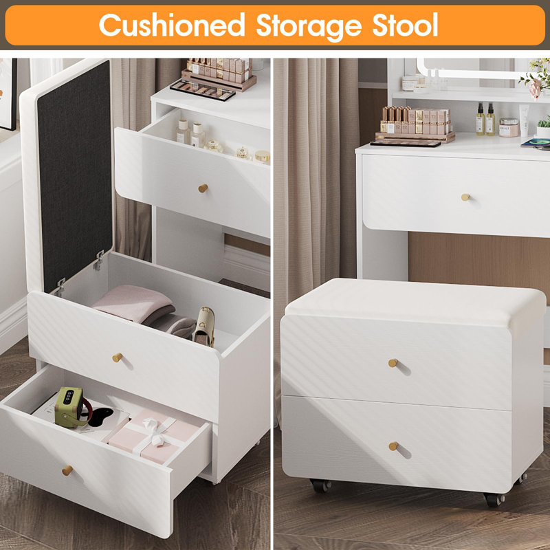 Small Vanity Desk Set With 3 Adjustable Lighted Mirror, White