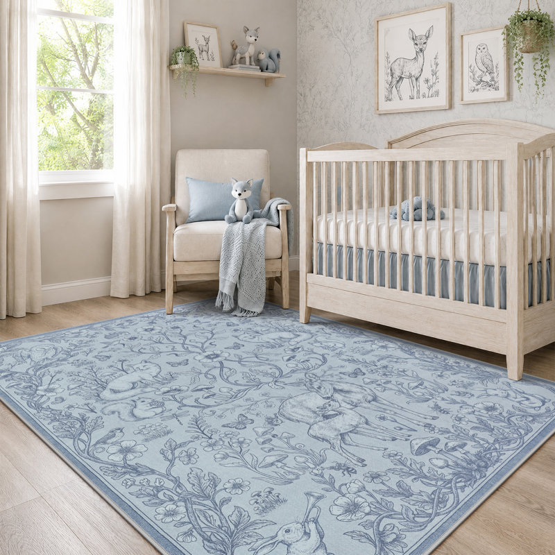 Tapis d'intérieur fantaisie à motif botanique forestier, doux, à poils courts, lavable et antidérapant, 5' × 7', Bleu