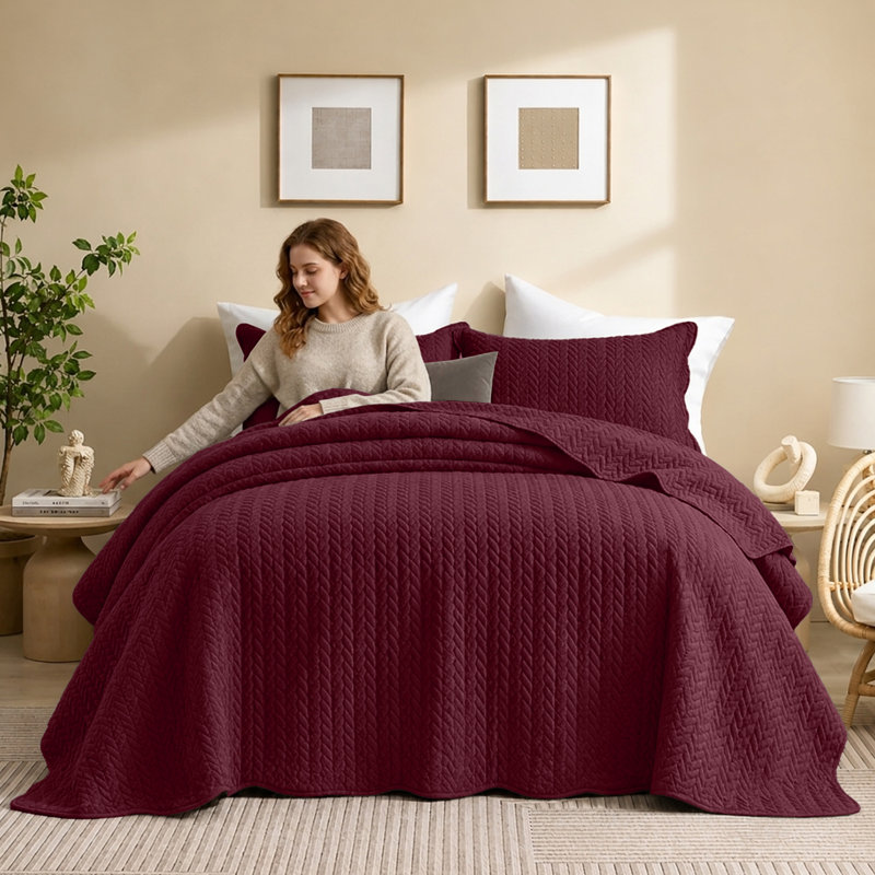 Microfiber Embossed Oversized Modern & Contemporary Bedspread Set With Shams, King Bedspread + 2 Pillowcases, Burgundy