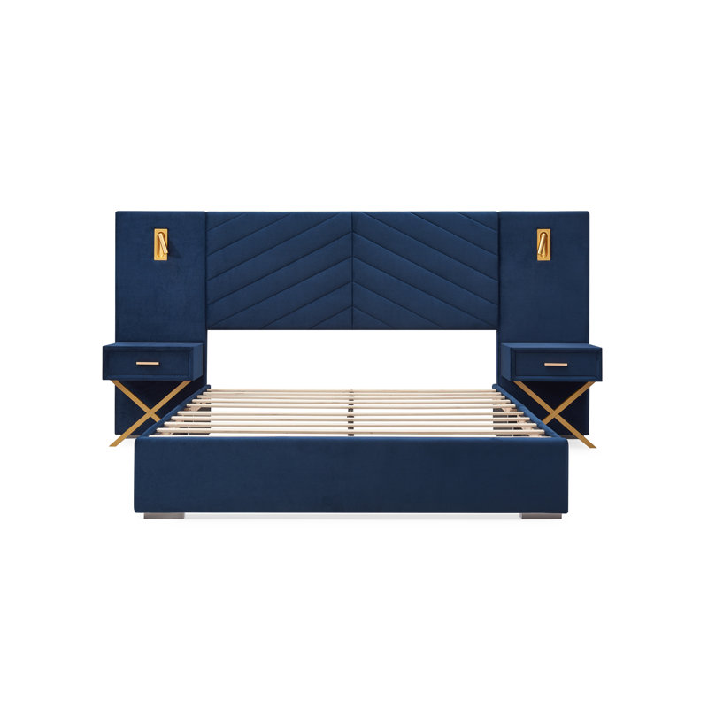 Structure de lit plateforme en velours pour grand lit avec tête de lit capitonnée à oreilles, lit bleu moderne avec lattes de bois, aucun sommier