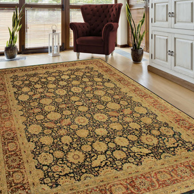 Tapis beige / noir en laine noué à la main à motif oriental Roby 9 pi 1 po x 12 pi 2 po Roby