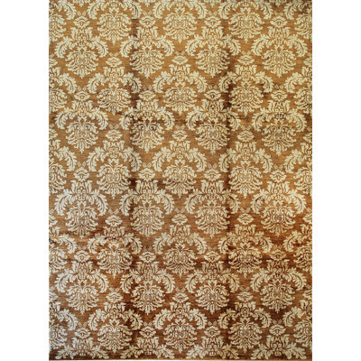 Brown Hand-Knotted Wool Baroque Floral Repeat Geometric Modern Contemporary Carpet Rug