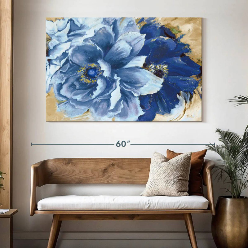 Aldoris, belles pivoines dans l'indigo, H 34 po x l 51 po