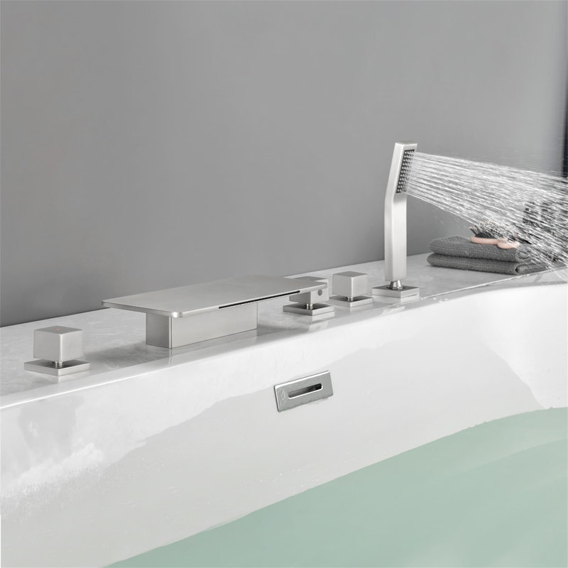 5 Hole Deck Mount Tub Faucet With Handheld Shower Waterfall Bathtub Faucets Modern Brass 3 Handle Tub Fillers With Valve