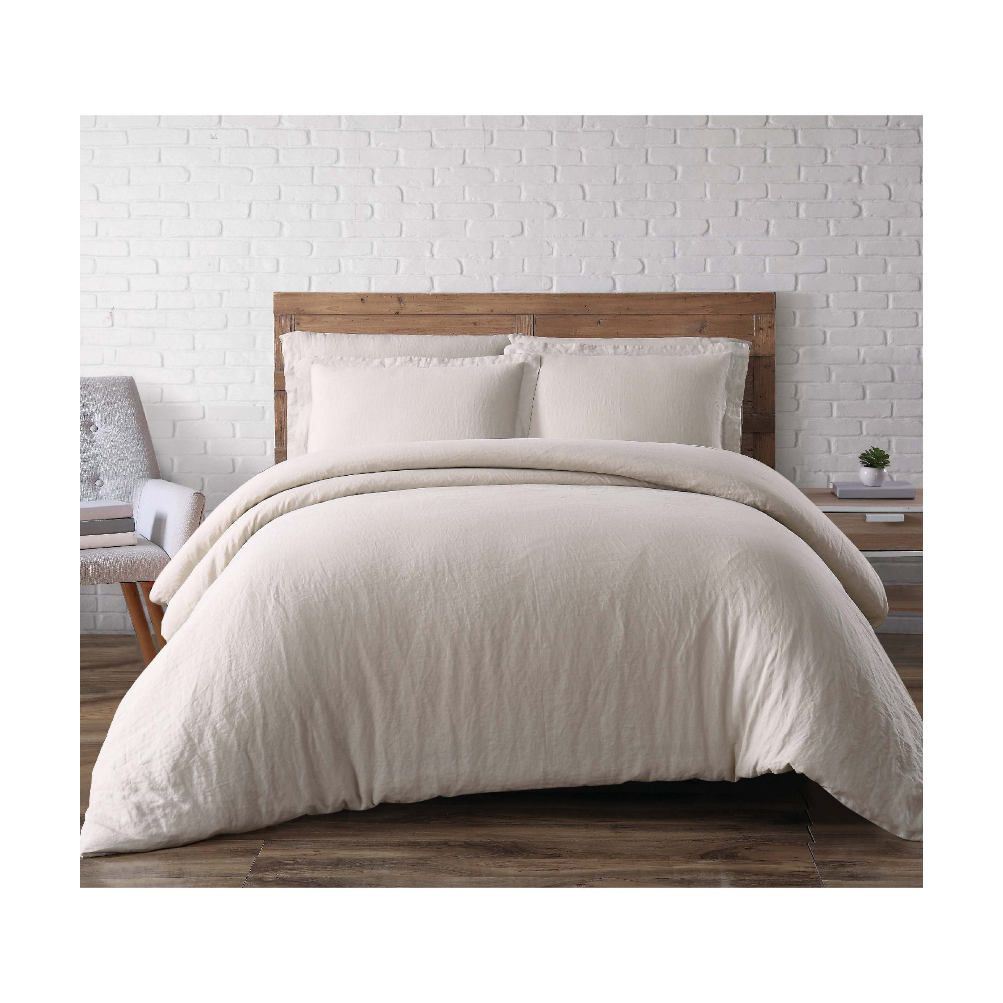 Nena 100% Linen Percale Duvet Cover Set, Full/Queen Duvet Cover + 2 Standard Shams, Natural