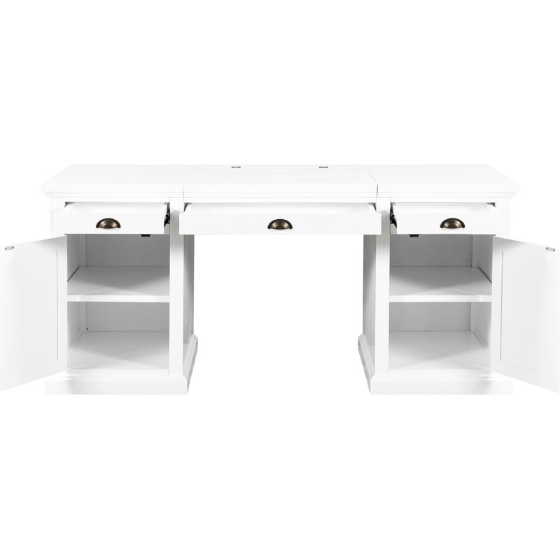 Bureau blanc de 170 cm avec 2 armoires, 3 tiroirs et un grand espace pour les jambes pour un environnement de travail confortable. Rangement et ports inclus. Aménagement de bureau à domicile.