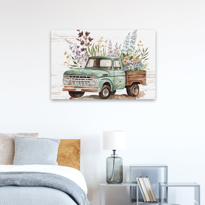 Art rétro, camion de fleurs rétro II, H 24 po x l 36 po