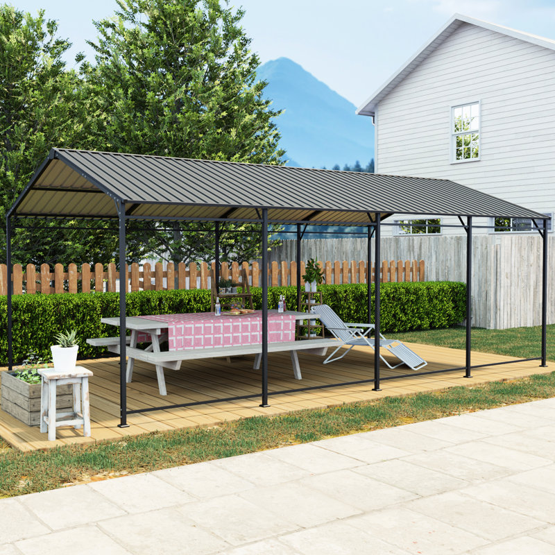 Galvanized Carport, Protects Vehicles From Strong Weather, Stable Structure On Asphalt Road Large Metal Boats And Tractors, Sloped Roof For Rain Protection