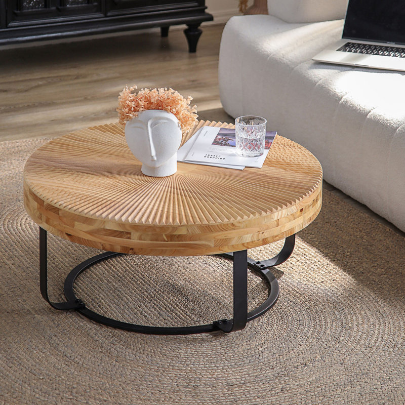 Table basse ronde moderne, table basse à motif sculpté avec pieds en métal, table à thé, Noir