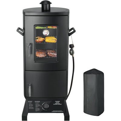 Propane Smoker with Cover, Vertical Meat Gas Smoker Grill Outdoor Heavy Duty 3 Removable Smoking Racks, Black