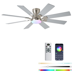 52 inch Ceiling Fan with Light, 6 Speeds Reversible Low Profile Ceiling Fan with Light and Remote/APP Control, 3 Color Temp+Dimmable RGB, 8 Blades, Flush Mount Quiet Ceiling Fans, Nickel