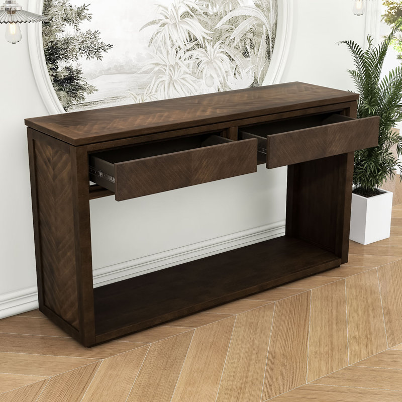 Elegant Chevron Pattern Console Table with 2 Drawers, Brown