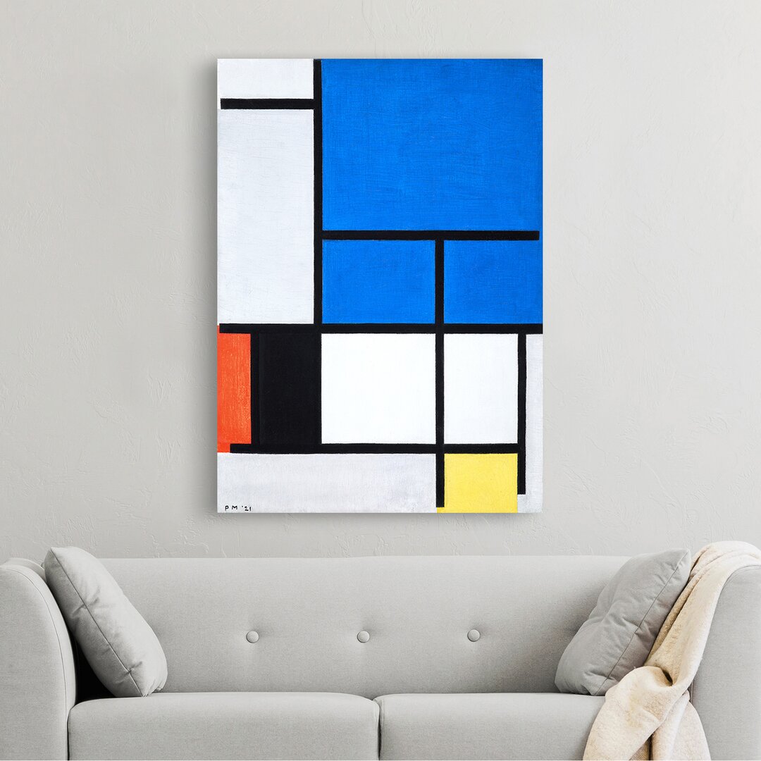 Leinwandbild Komposition mit großer blauer Fläche, Rot, Schwarz, Gelb und Grau von Piet Mondrian