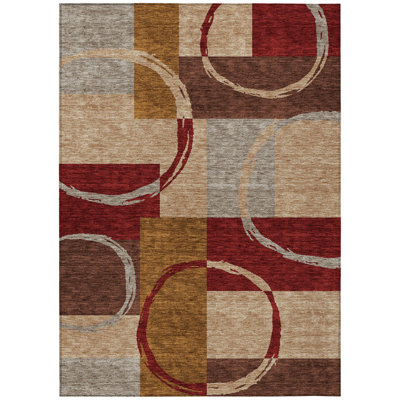 Tapis intérieur / extérieur géométrique lavable 5 pi x 8 pi blé et bourgogne