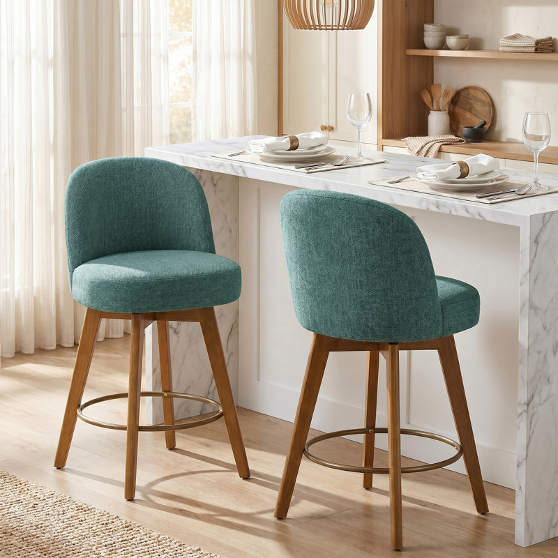 Tabouret de comptoir pivotant 26 po avec structure en bois massif et dossier moyen, Vert foncé / chenille