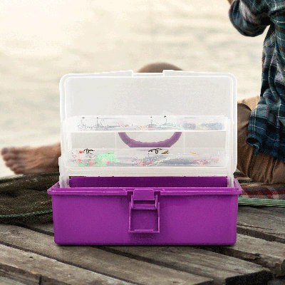Organisateur de boîte de pêche en plastique 3 couches avec 2 plateaux et poignées amovibles - artisanat portatif, outil, rangement pour bijoux