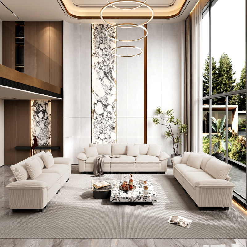 7 - Piece Living Room Set, Beige Corduroy