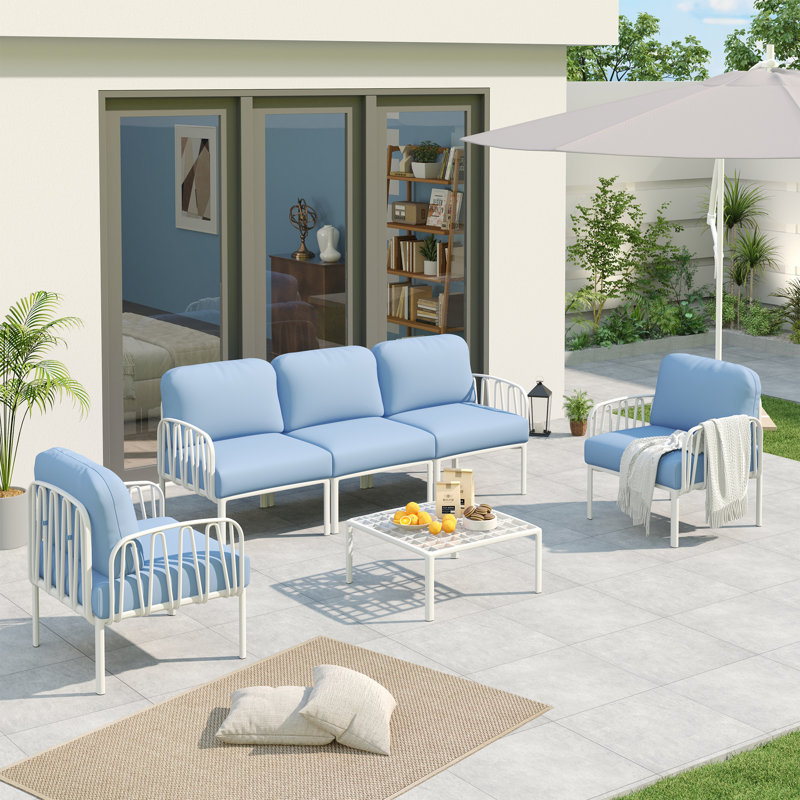 Ensemble de conversation d'extérieur pour 5 personnes avec coussin, Bleu