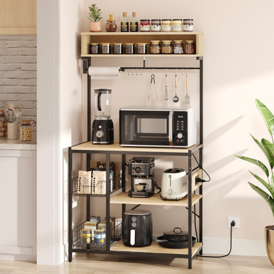 Madrina 33.27" Baker's Rack with Power Outlets,5-Tier Microwave Stand with Paper Tissue Holder