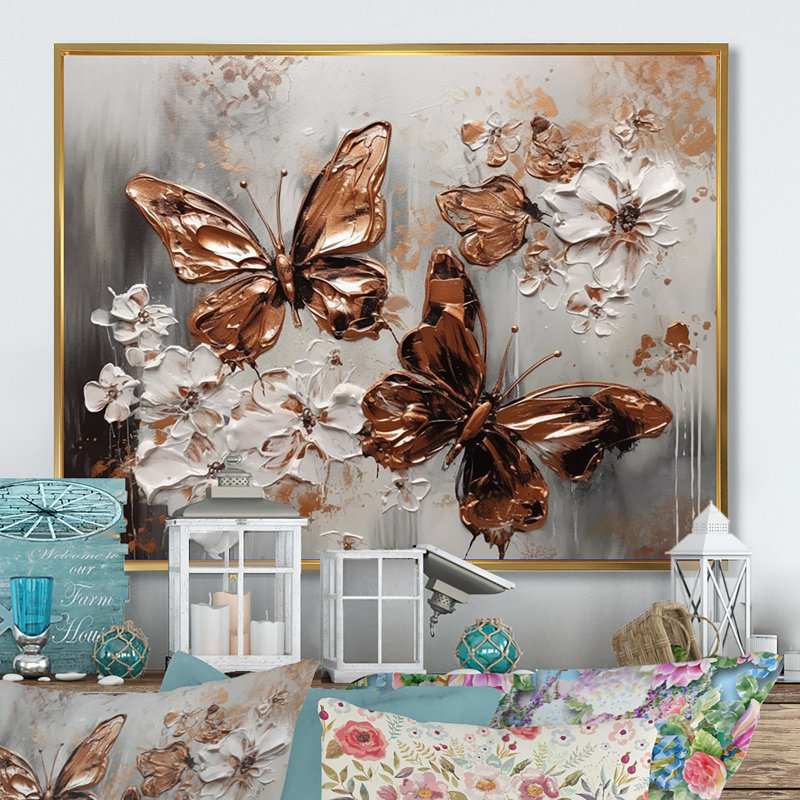 Rouzer Gold Butterfly Wings and Flowers II sur toile, H 30 po x l 40 po x P 1,5 po, Cadre flottant doré