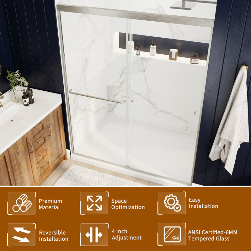 56-60 in.W x 72 in.H Semi-Frameless Sliding Shower Door  Clear SGCC Tempered Glass., Brushed Nickel