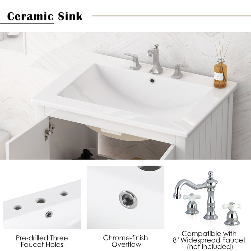 24" White Modern Bathroom Vanity with Ceramic Sink and Solid Wood Frame