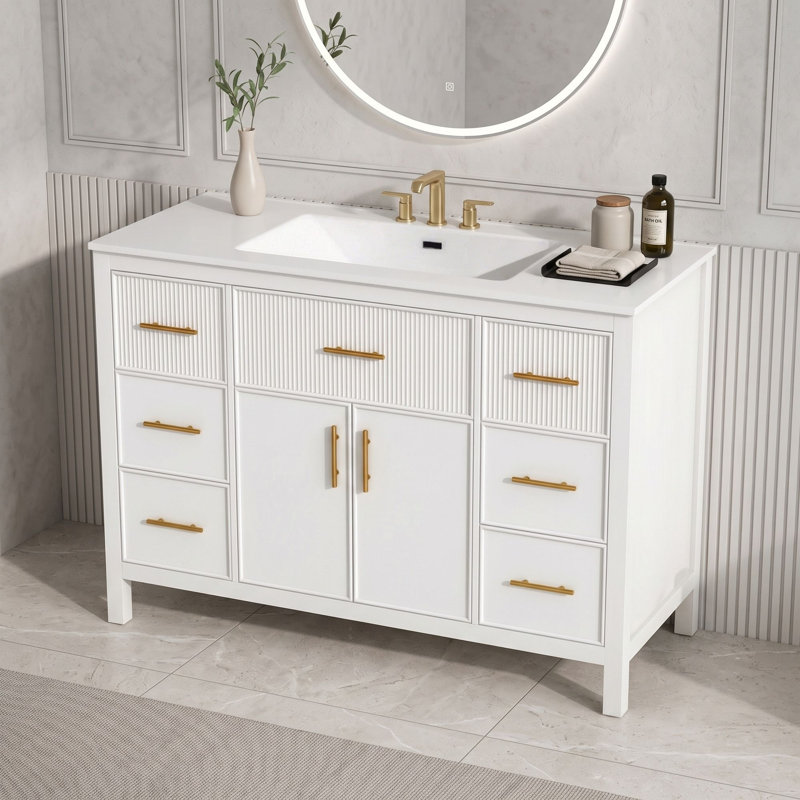 Meuble-lavabo en bois avec lavabo, portes à fermeture douce et tiroirs, Blanc