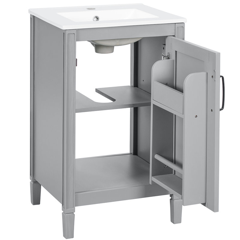 Meuble-lavabo de 20 po en gris, équipé d'un lavabo en céramique, d'une porte à fermeture en douceur, de deux tablettes sur la porte et d'un rangement en forme de U pour les petites salles de bain compactes.