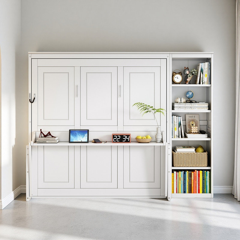 Queen Size Murphy Bed with Desk and Bookcase, Queen, White