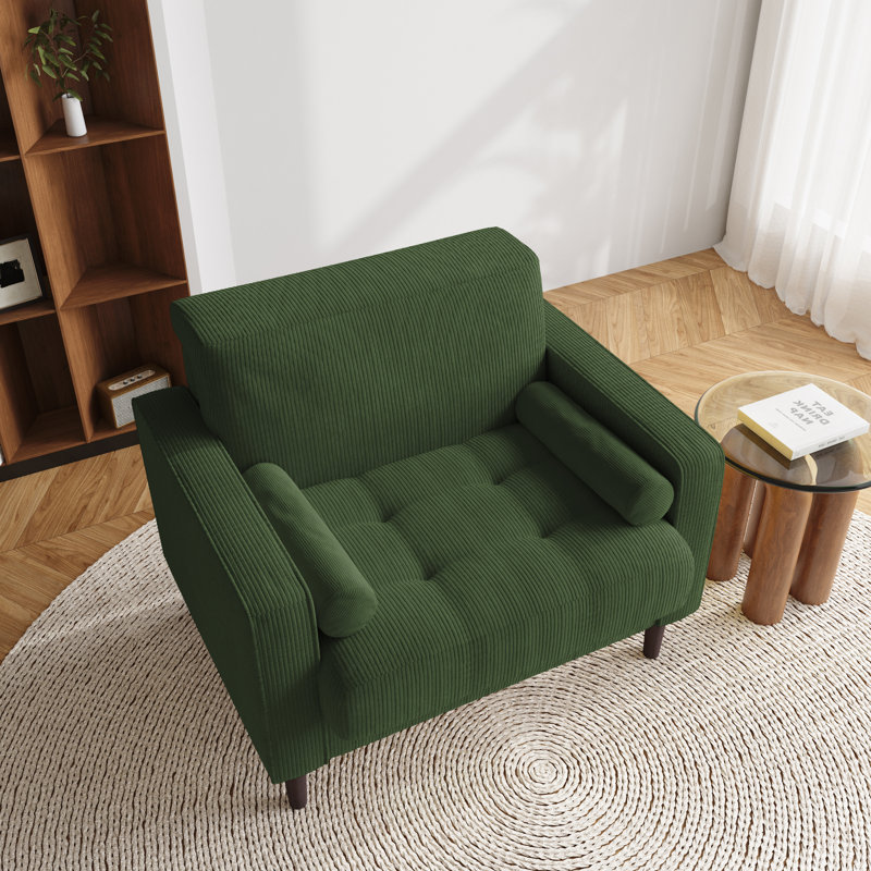 Green Corduroy Upholstered Accent Chair with Wood Legs