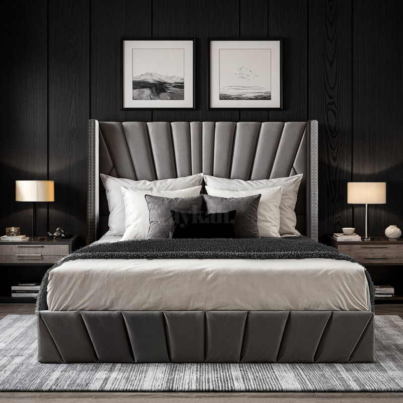 Lit avec rangement en velours, Gris, Grand