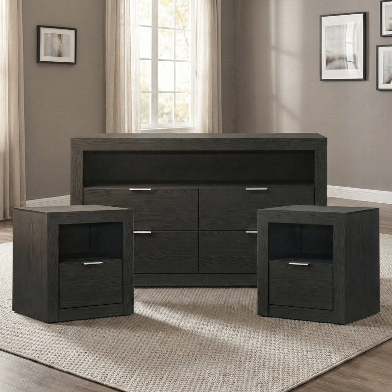 Table de chevet et commode 3 pièces Hildebran, Noir, 3 Pcs: Dresser, 2 Nightstands