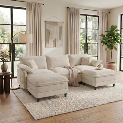 108" U-Shaped Modular Sectional Sofa with 2 Ottomans, Storage Coffee Table Ottoman, Corduroy 3-Seat Couch with Side Pocket, Beige