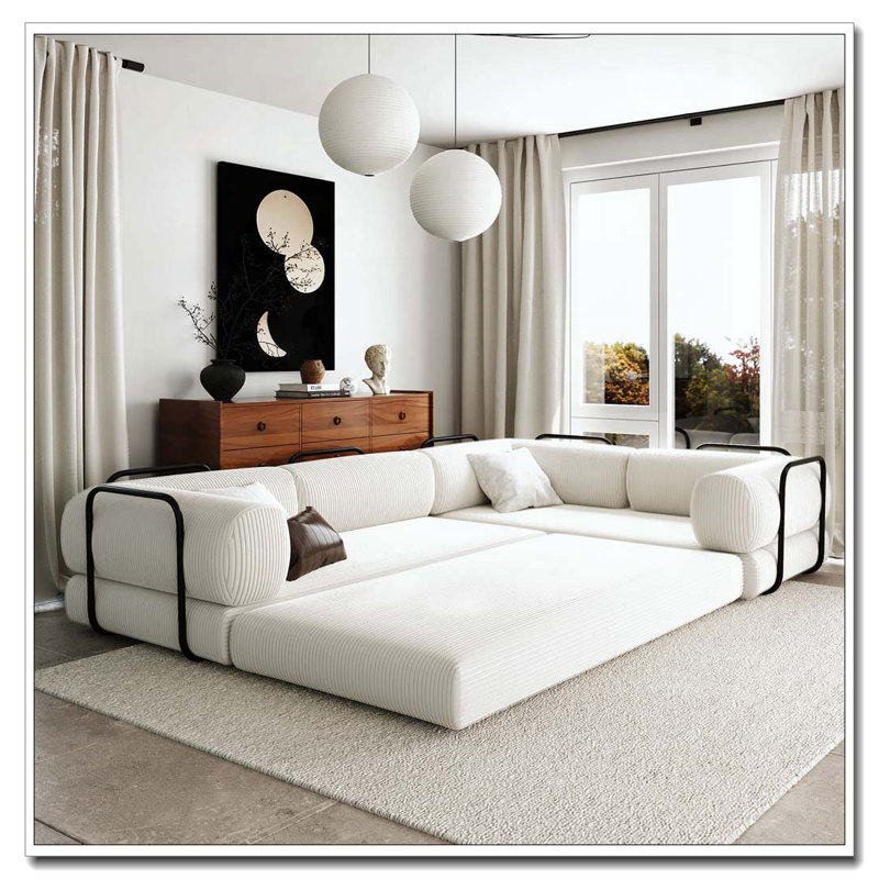 Canapé-lit modulaire en L en velours côtelé, Beige