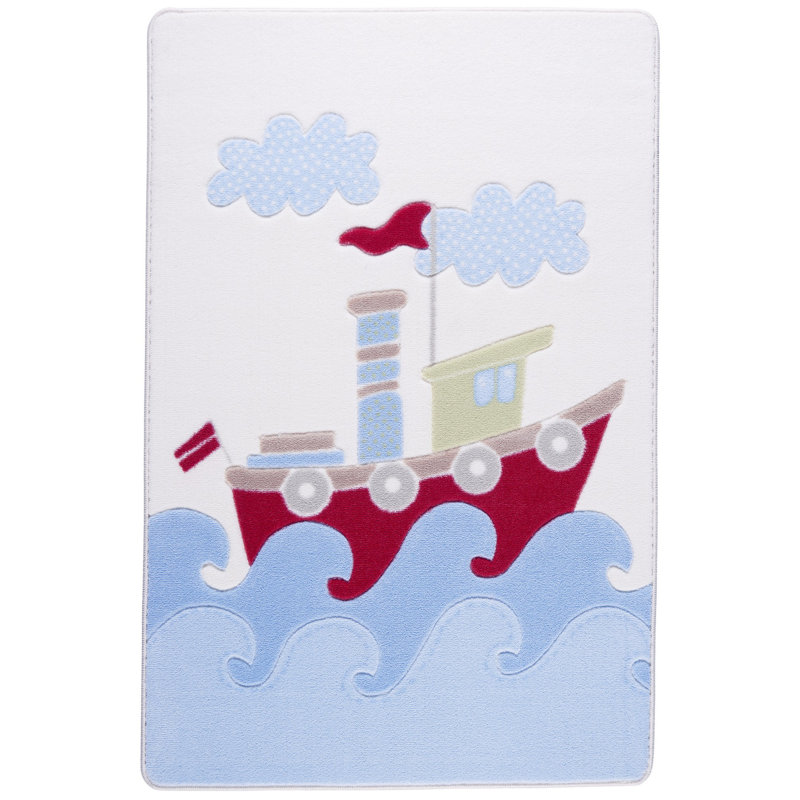 Tapis bleu / blanc tissé à la machine rectangulaire 3 pi 3 po x 4 pi 11 po Guernon