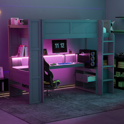 Lit mezzanine en bois avec bureau, tablettes multiples, DEL et station de charge