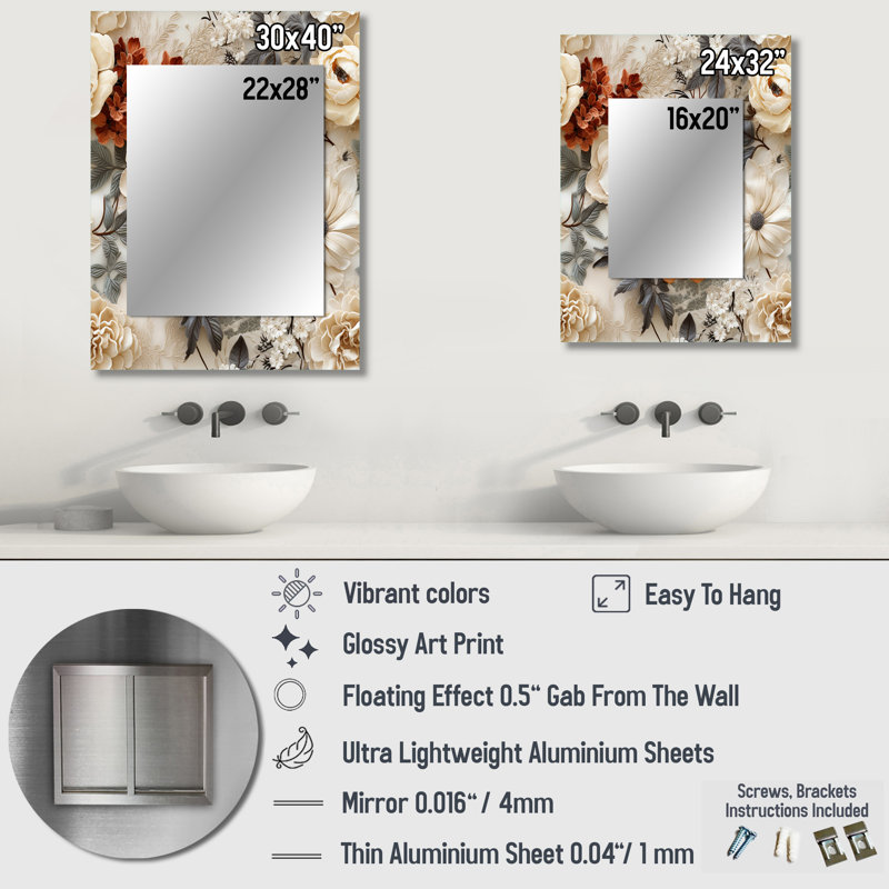 Svetin Rustic Lace Romance Victorian Pattern - Floral Unique Mirror, Floral Large Wall Mirror, Printed Metal Art, 40" x 30"