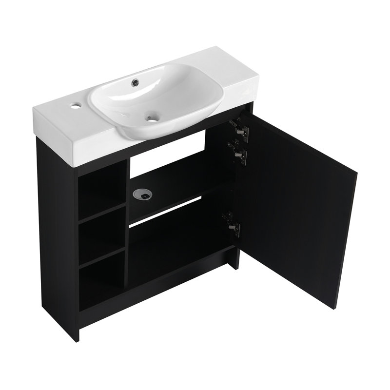 Meuble-lavabo autoportant de 30 po avec lavabo en céramique et porte à fermeture en douceur, Chêne foncé