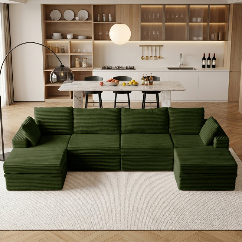 142"W U-Shaped Cloud Modular Sectional Sofa, Minimalist Corduroy Corner Sectional Couch, Extra Deep Seat with 2 Ottomans and Hidden Storage, Easy Mini Assembly, Ideal for Living Room