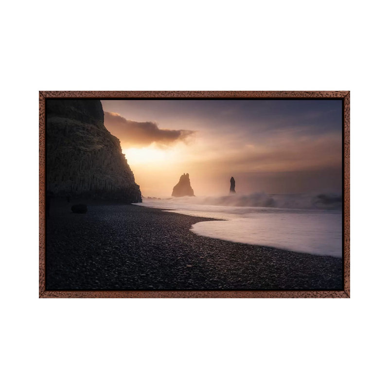 Reynisfjara Sunrise - Print on Canvas, 66.04cm H x 101.6cm W x 3.81cm D, Classic Brown Wood Framed