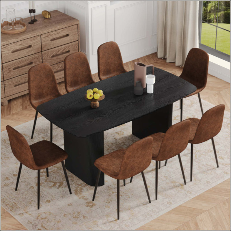 Table de salle à manger spacieuse en bois aggloméré avec 8 chaises en tissu technique, idéales pour un décor moderne et luxueux.