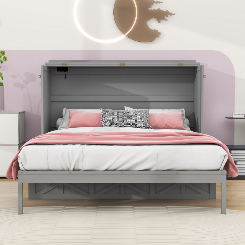 Grand lit escamotable avec prises USB / électriques intégrées et tiroirs de rangement élégants, Gris