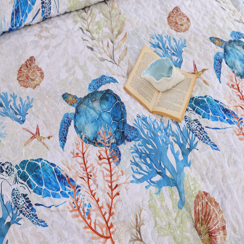 Coastal Quilt Set 3 Pieces - Bedding Lightweight Ocean Print Quilt With Two Pillowcases, Queen Quilt + 2 Standard Pillowcases