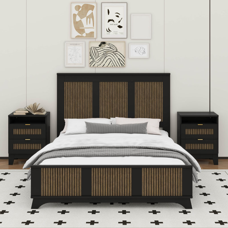 Grand lit plateforme campagnard avec bande en bois, Noir, noir, noir, noir