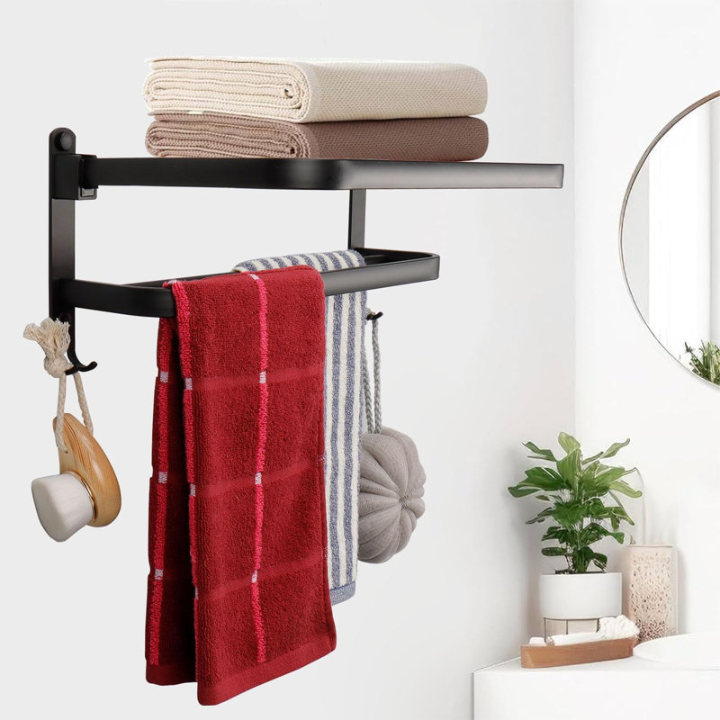 Porte-serviettes mural pliable pour salle de bain, porte-serviettes double en acier inoxydable avec tablette et crochets, organisateur de salle de bain robuste résistant à la rouille