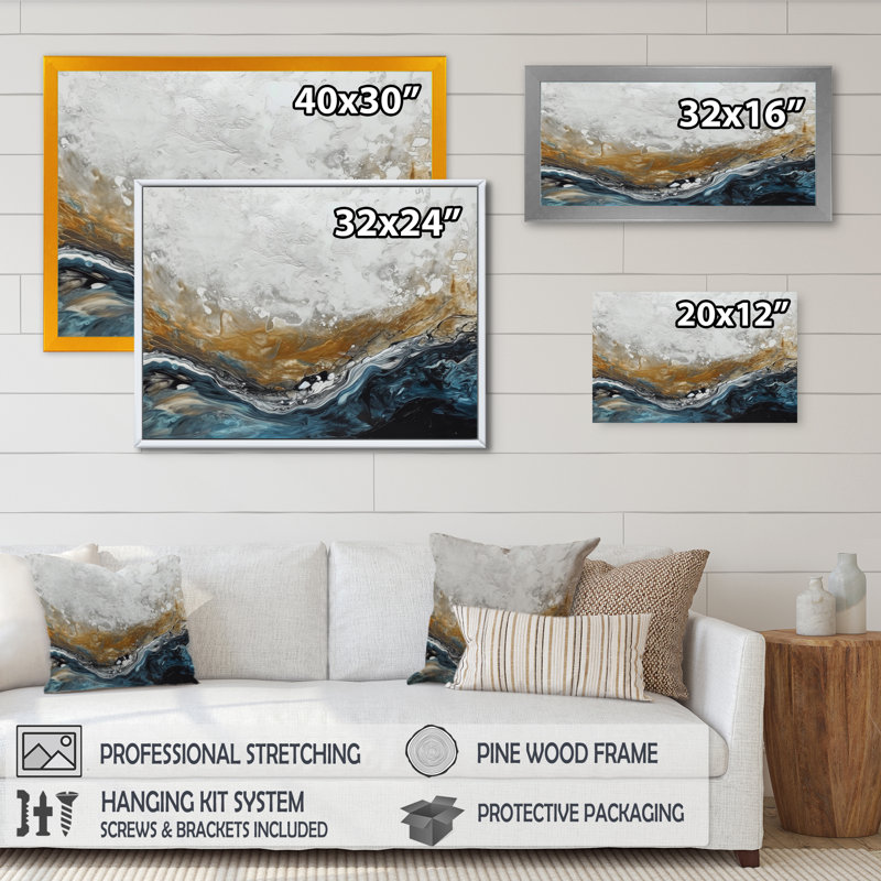 Gris doré moderne abstrait contemporain II - art mural abstrait en marbre, Toile tendue, H 16 po x l 32 po x P 1 po